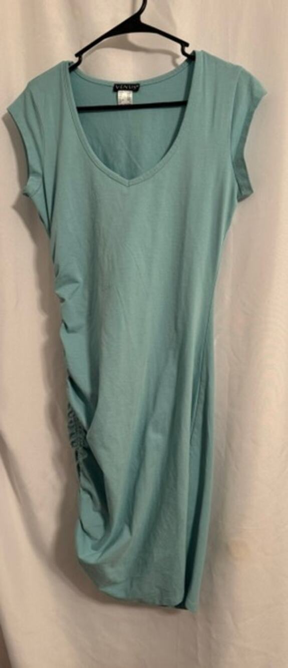 VENUS Women’s Medium Aqua Ruched V-Neck Midi Dress Short Sleeve